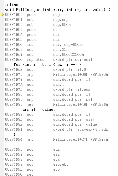 debug-vc-filldword High Performance FillChar Method Comparison for 32 bit (every four bytes) array assembly C/C++ implementation integer 